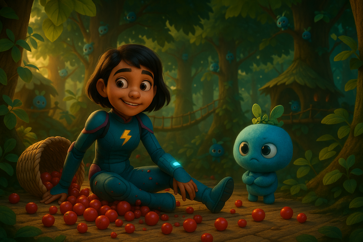 Blaze standing in a treetop village, surrounded by curious Sprockets. Berry basket tipped over beside her. Warm golden sunset through canopy. Chief Pip in foreground with leaf crown.