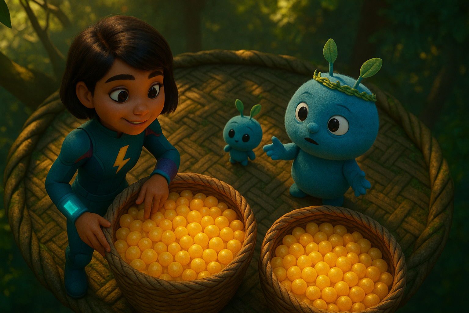 Blaze and Chief Pip on a wide woven branch platform. Two large baskets of glowing berries. Canopy visible above. Warm lighting.