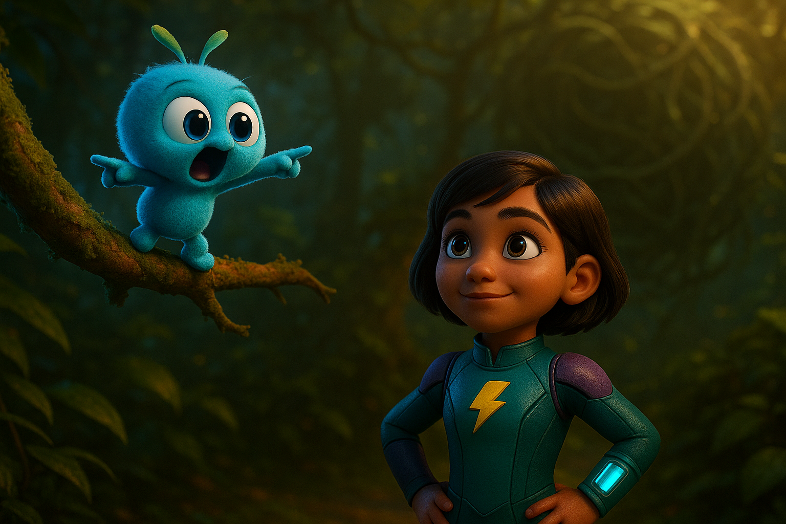 Doz perched on a branch, wide-eyed, pointing at a massive tangle of vines in the background. Blaze standing nearby, calm. Dappled forest light.