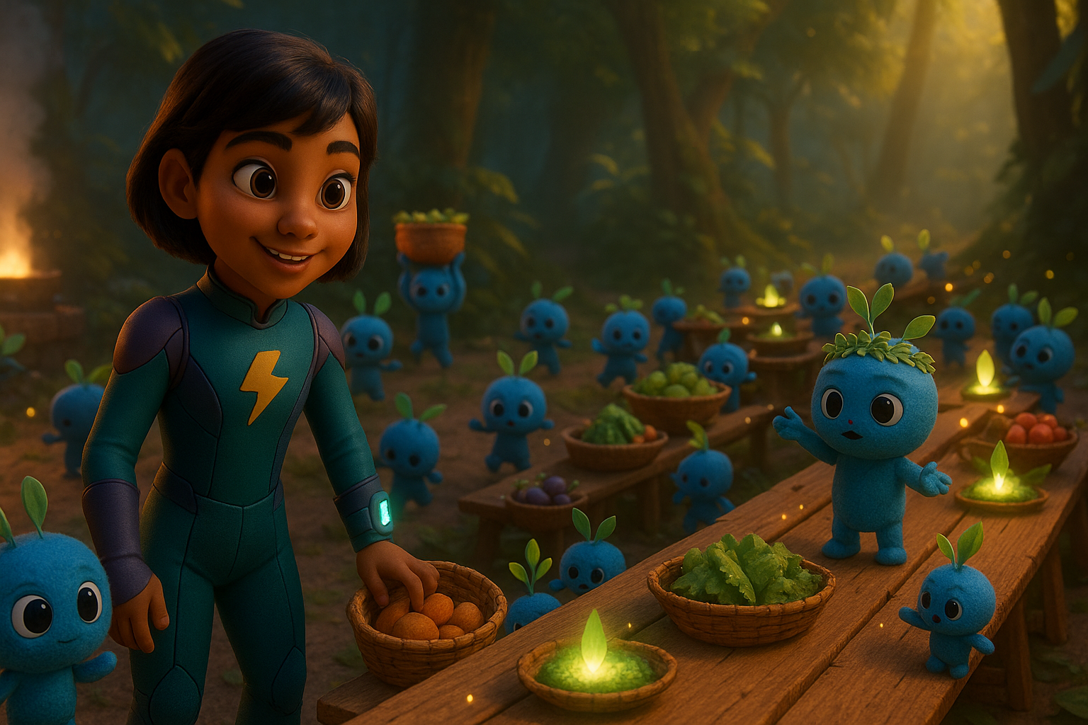 Smoke rising from a cooking platform. Sprockets gathered. Baskets of fire-nuts and bark-bread on tables. Warm golden feast lighting. Blaze standing with Chief Pip.