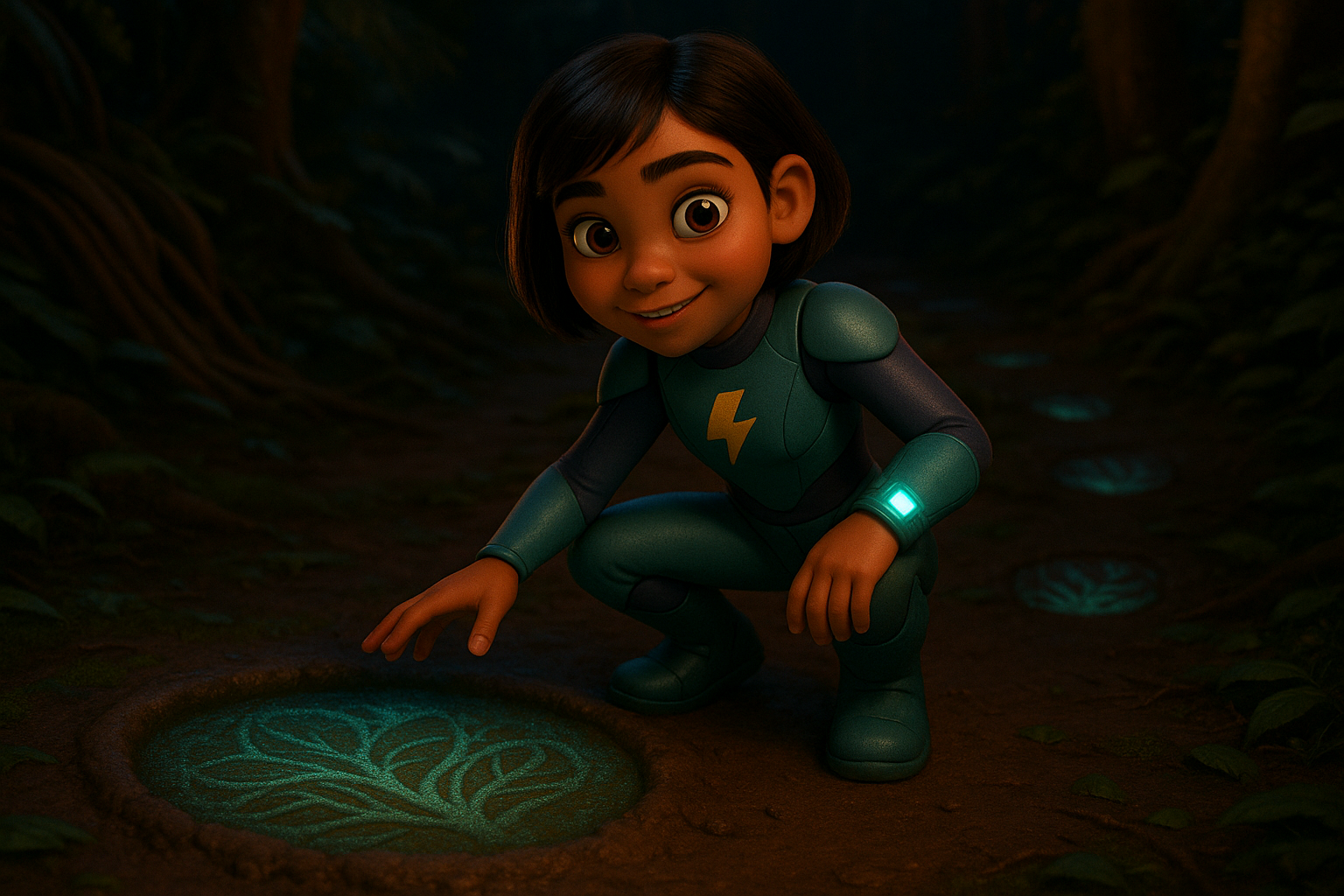 Blaze crouching near an enormous round footprint in soft mud. Vine bundles visible in background. Dark, mysterious jungle lighting. Sense of something large having been here.