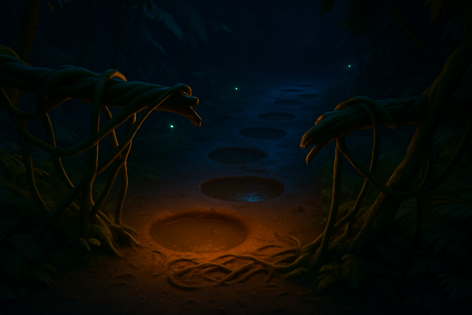 Dark jungle at night. A gap in the vine bridge where vines have been pulled away. Enormous round footprints in mud leading into darkness. Mysterious, slightly ominous atmosphere. Bioluminescent glow in background.
