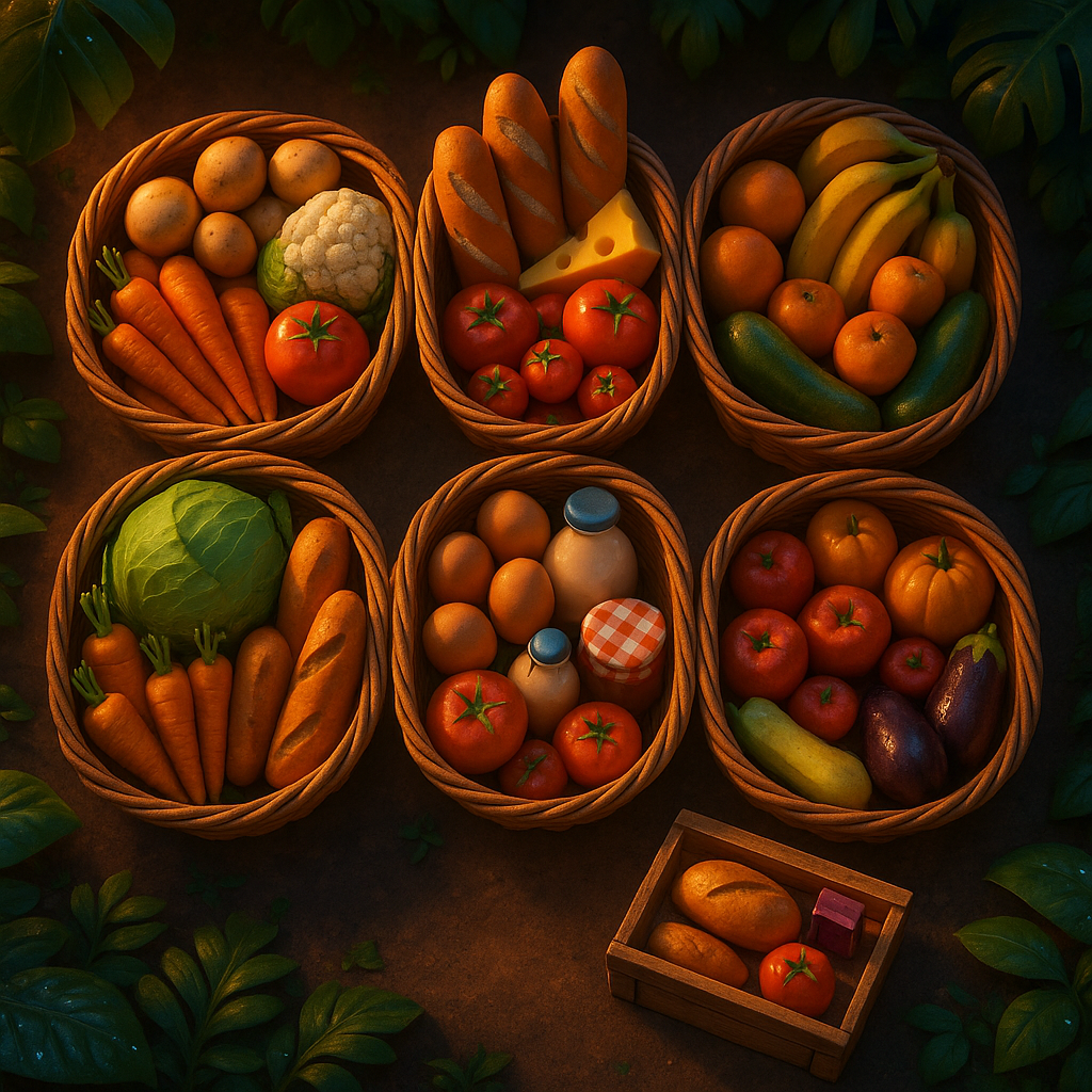 Six family baskets with items, village store box with extras