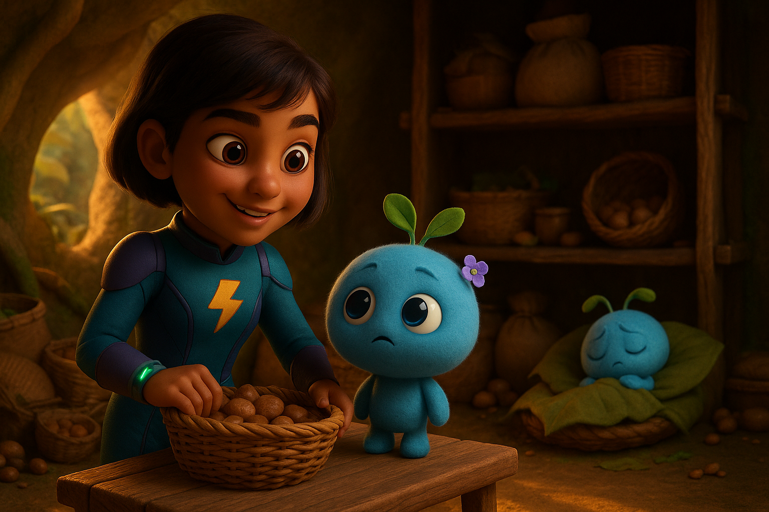 Blaze reorganises baskets in a cluttered Fernmoss food store while Thistle worries and Curl rests on a leaf-bed.