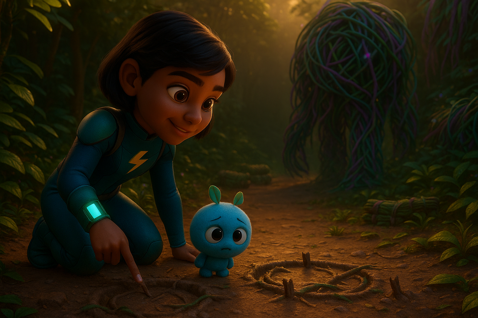 Blaze kneels on a muddy jungle path studying broken vine stumps and a trail of neatly arranged vine bundles.