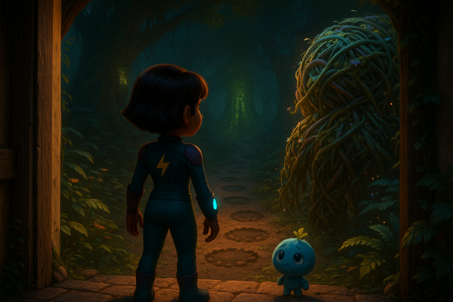Blaze stands in a doorway looking at enormous round vine-mark footprints leading into the dark bioluminescent Deep Root.