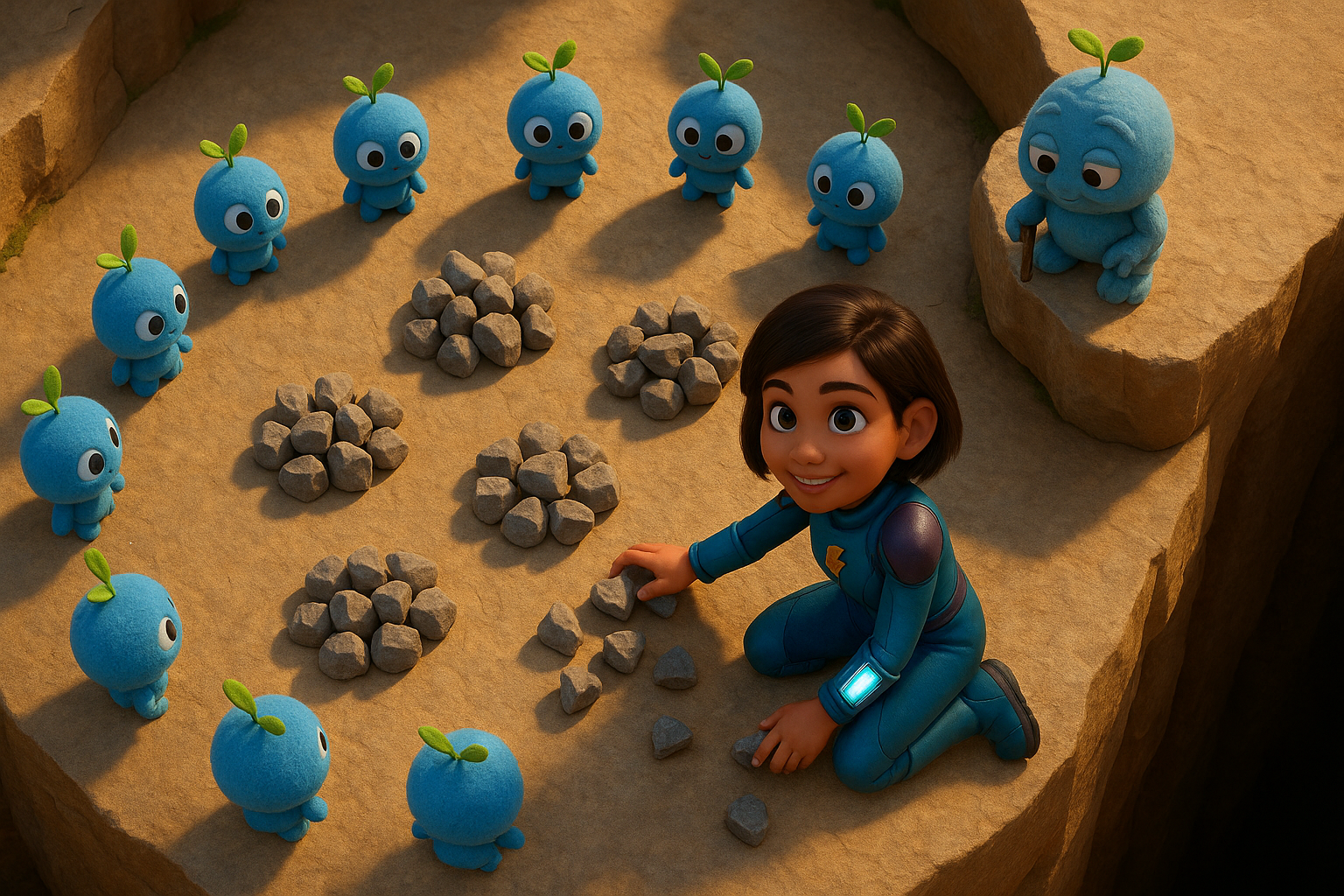 Sprockets sorting building rocks into equal shares on a cliff platform