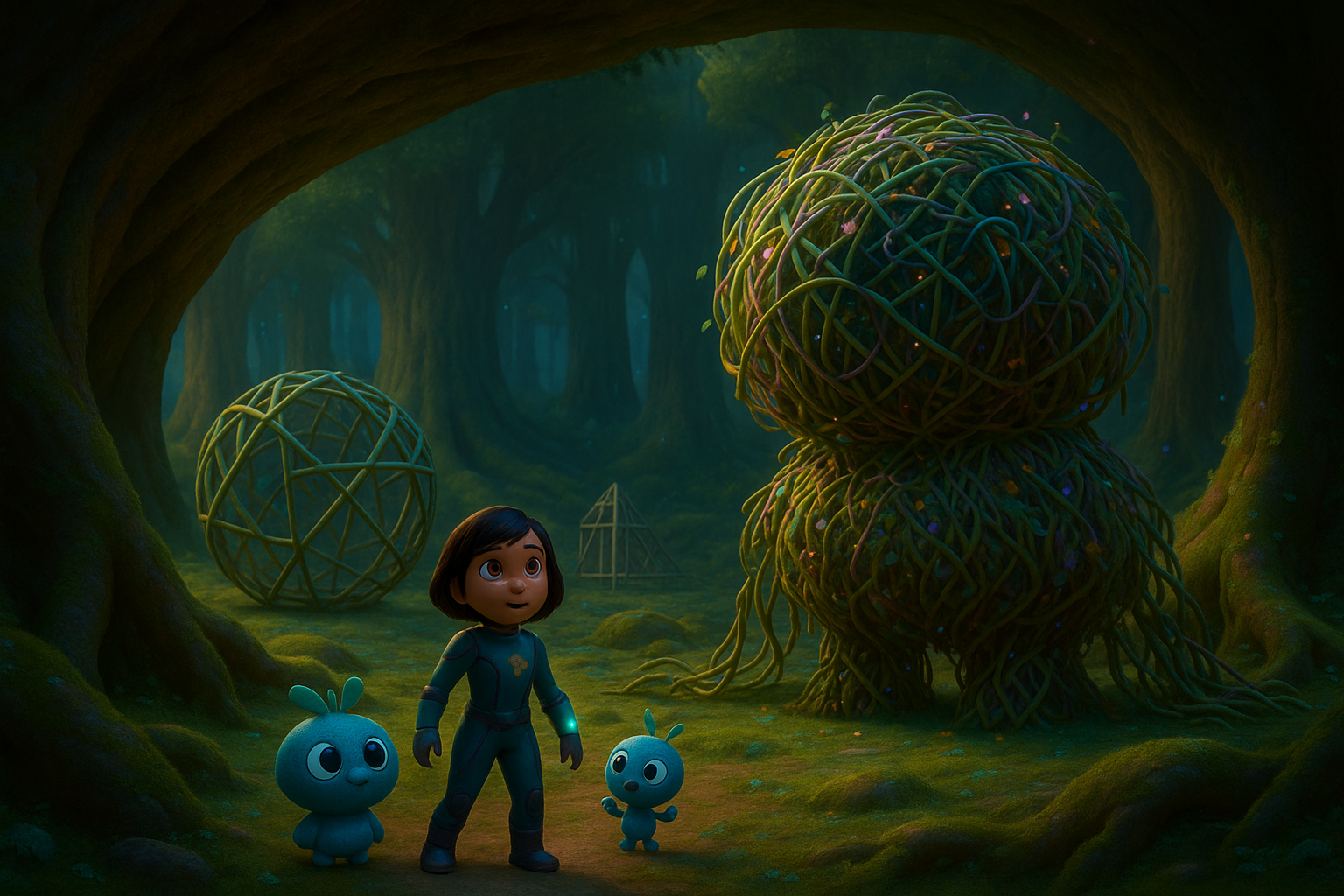 Blaze entering the bioluminescent Deep Root with huge vine sculptures